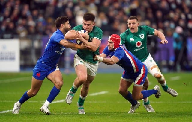 Dan Sheehan, with ball, replaced the injured Ronan Kelleher at Stade de France