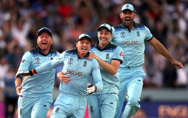 Jos Buttler, second left, leads the celebrations in July after England won the World Cup by beating New Zealand at Lord's. The hosts won the competition for the first time in a final which will go down as one of the most dramatic ever produced in team sport. With the match tied after 50 overs each, a tense super over also finished level, with Trevor Bayliss' team victorious on the boundary count back rule