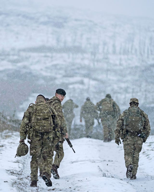 Soldiers on exercise near Stainmore on the Durham and Cumbria border during a snow blizzard (Owen Humphreys/PA)