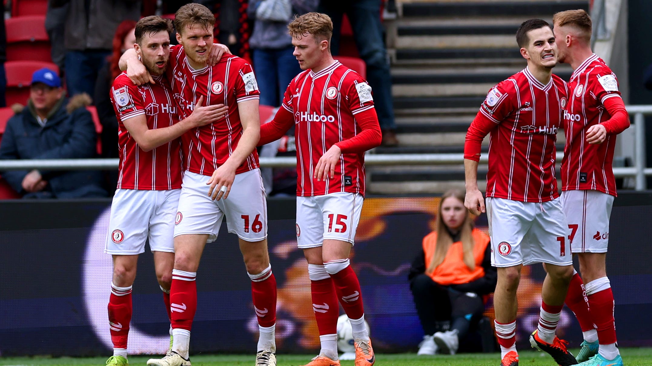 Rob Dickie, second left, celebrates after scoring Bristol City’s winner (Steven Paston/PA)
