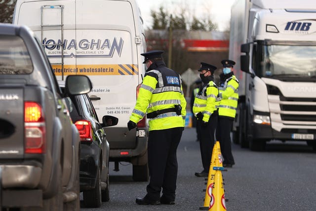 Garda stop vehicles at a checkpoint on the Irish border between Emyvale and Aughnacloy