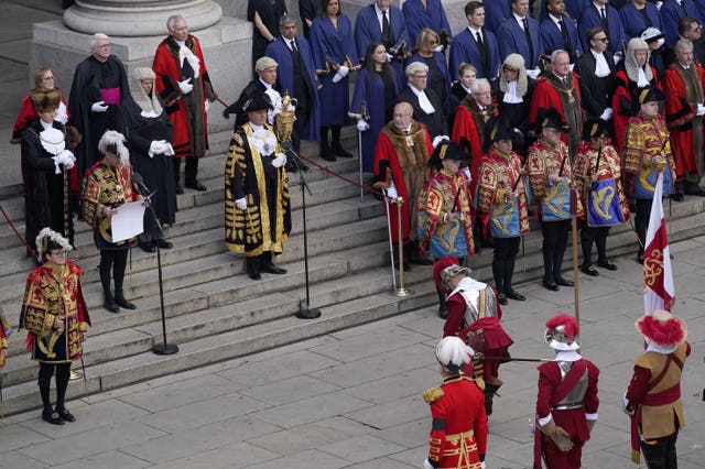 Clarenceux King of Arms reads the Proclamation of Accession of King Charles III at the Royal Exchange in the City of London