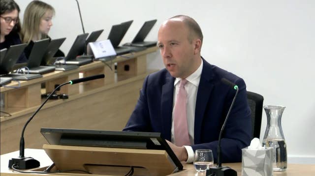 Former health secretary Matt Hancock giving evidence 