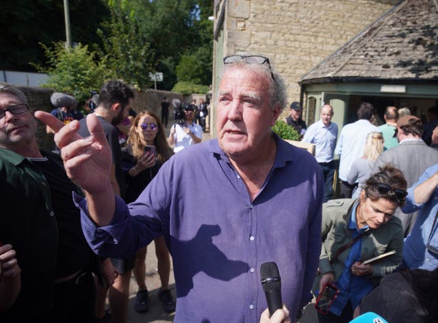 TV presenter turned farmer Jeremy Clarkson speaks to reporters outside his new pub, The Farmer’s Dog, in Oxfordshire (Ben Birchall/PA)