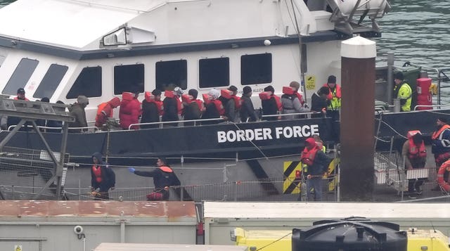 A group of people thought to be migrants are brought in to Dover, Kent, from a Border Force vessel