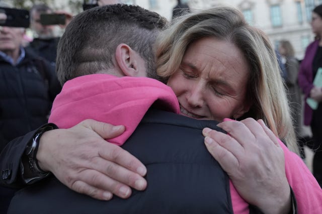 Labour MP Kim Leadbeater hugs a supporter in Parliament Square