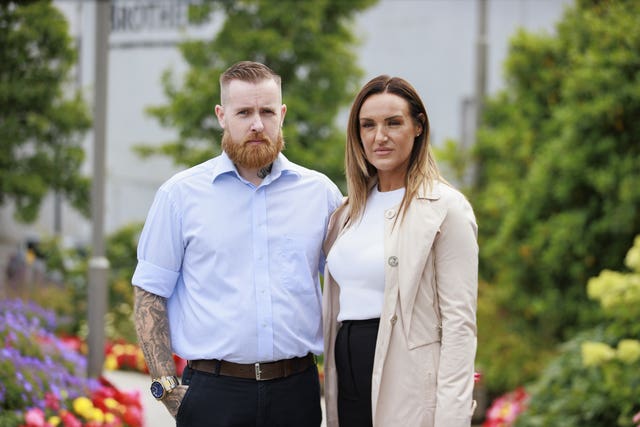 Claire Hayes, sister of Alan Radford, who was killed in the Omagh bomb, with her husband Jony Hayes, at the Strule Arts Centre in Omagh last July