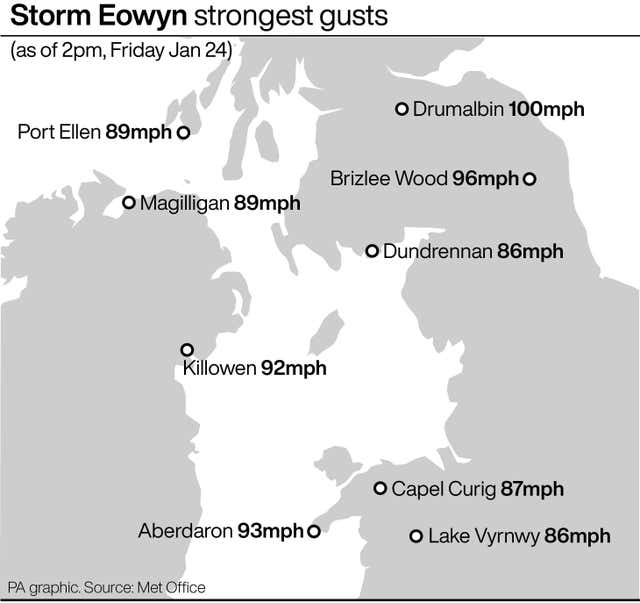 Map of part of the UK showing strongest wind gusts