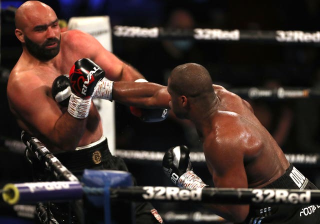 Daniel Dubois (right) delivers the knockout punch to Bogdan Dinu