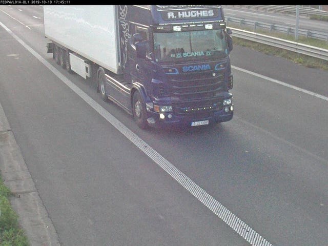 Eamonn Harrison driving Ronan Hughes’ lorry near the France/Belgium border 