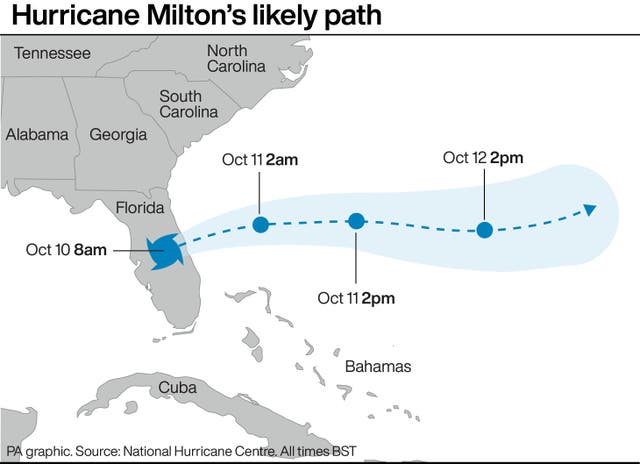 Map showing the likely path of Hurricane Milton