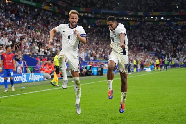 England’s Harry Kane celebrates with Jude Bellingham