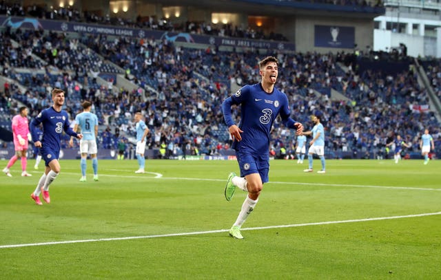 Kai Havertz celebrates after scoring Chelsea's winner against Manchester City in the 2021 Champions League final