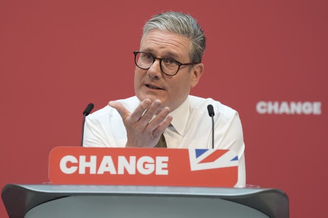 Sir Keir Starmer speaks at the launch of the Labour manifesto at a lectern featuring a sign saying 'Change'