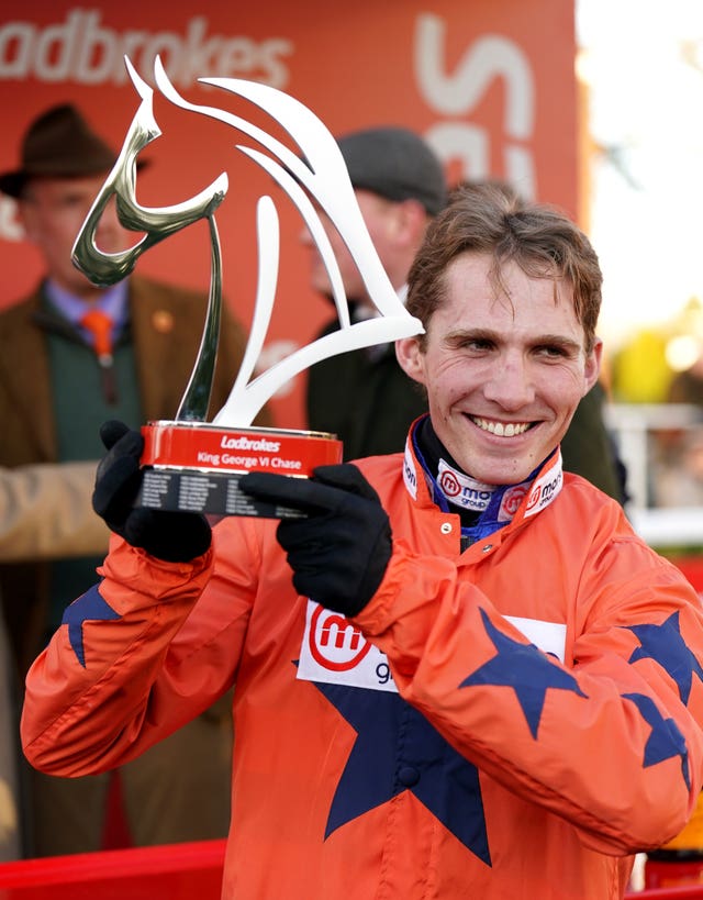 Harry Cobden after winning the King George VI Chase aboard Bravemansgame 