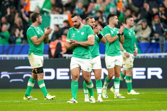 Ireland's players look dejected after defeat to New Zealand at the World Cup