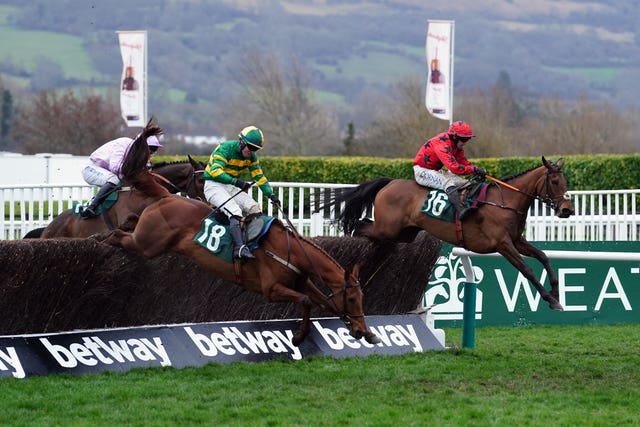 Maskada ridden by jockey Darragh O’Keeffe on their way to winning the Johnny Henderson Grand Annual Challenge Cup Handicap Chase on day two of the Cheltenham Festival