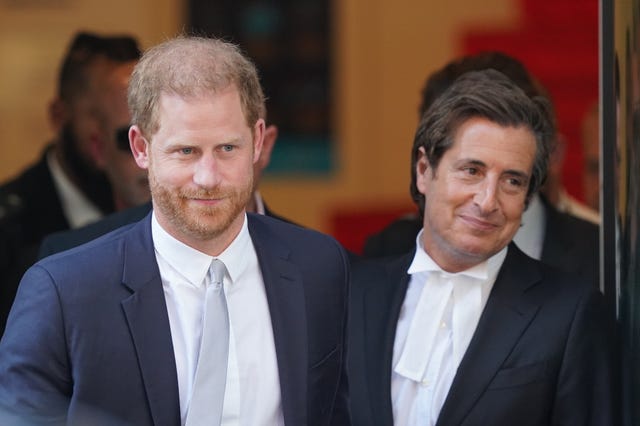 The Duke of Sussex with his barrister David Sherborne leaving the Rolls Buildings in central London after giving evidence in the phone hacking trial against Mirror Group Newspapers in June 2023
