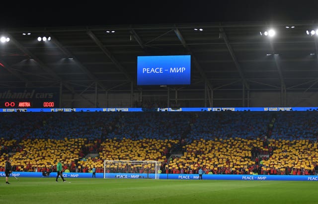 Wales fans form a Ukraine flag