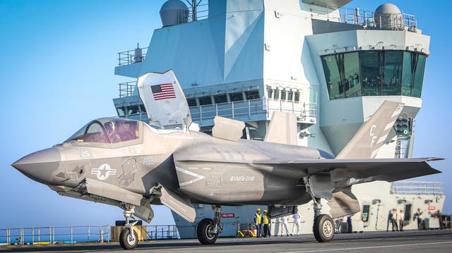 An F-35B stealth jet of the US Marines Corps VMFA-211 (The Wake Island Avengers) aboard the Royal Navy carrier HMS Queen Elizabeth 