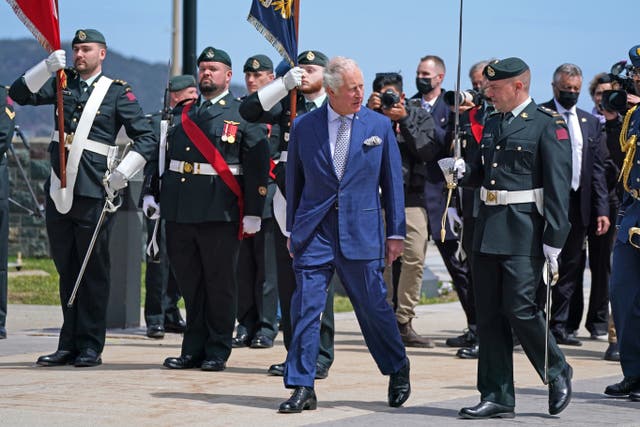 The Prince of Wales inspects the Guard of Honour ahead of an Official Welcome Ceremony at Confederation Building in St John’s, Newfoundland and Labrador, during his three-day trip to Canada with the Duchess of Cornwall to mark the Queen’s Platinum Jubilee 