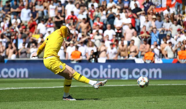 Jordan Pickford scores against Switzerland in the Nations League third-placed play-off penalty shootout in 2019