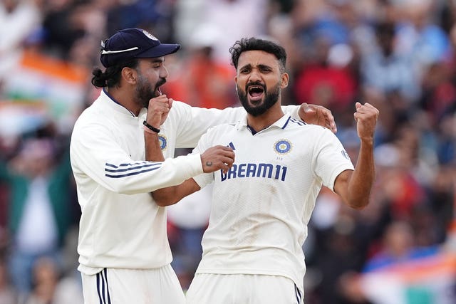 India’s Akash Deep (right) celebrates after taking the final wicket 