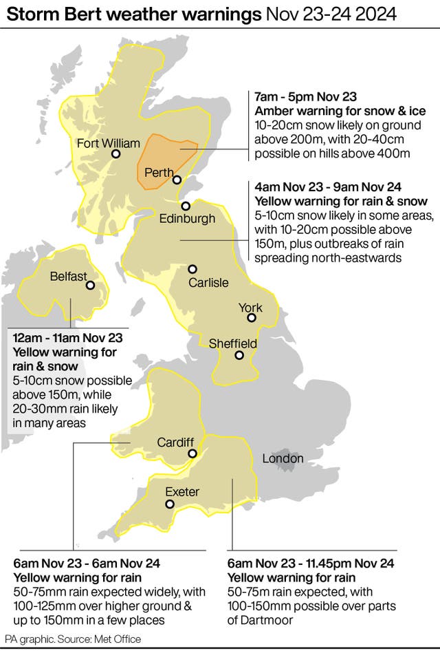 Map of Britain showing weather warnings