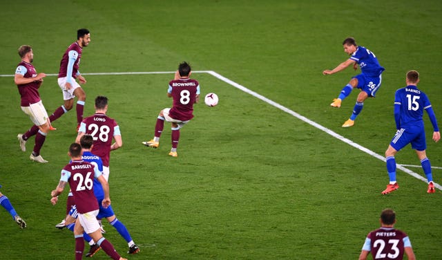 Leicester's Dennis Praet, top right, scores the 39th goal of the Premier League weekend against Burnley