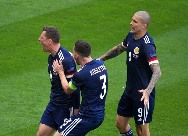 Scotland’s Callum McGregor (left) celebrates his equaliser 