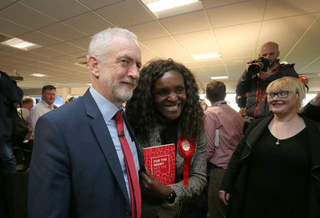 Fiona Onasanya with Labour leader Jeremy Corbyn during the 2017 general election campaign (Chris Radburn/PA)