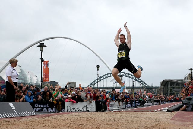Greg Rutherford competes in his last long jump competition during the Great CityGames
