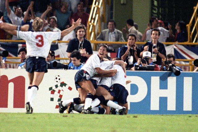 England celebrate David Platt’s goal near the end of extra time during their match with Belgium at the 1990 World Cup (Image: PA)