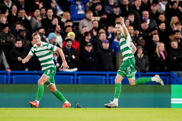 Shamrock Rovers’ Markus Poom celebrates scoring against Chelsea (Zac Goodwin/PA)