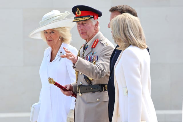 The King and Queen with the President of France Emmanuel Macron and Brigitte Macron during the D-Day 80th anniversary commemorations