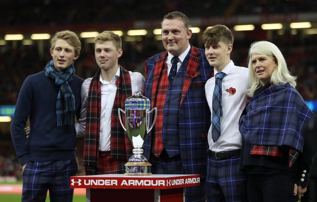 Doddie Weir and his family with the Doddie Weir Cup ahead of the inaugural match for the trophy in Cardiff in November 2018