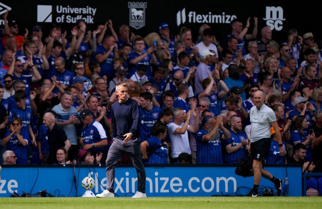 Ipswich manager Kieran McKenna watches on from the sidelines 