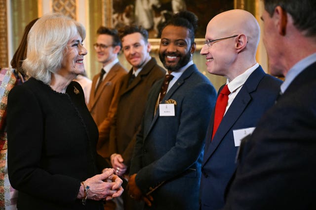 Camilla meets actor Matt Lucas (second right) during a reception to celebrate the final of BBC’s creative writing competition 500 Words, at Buckingham Palace earlier this year