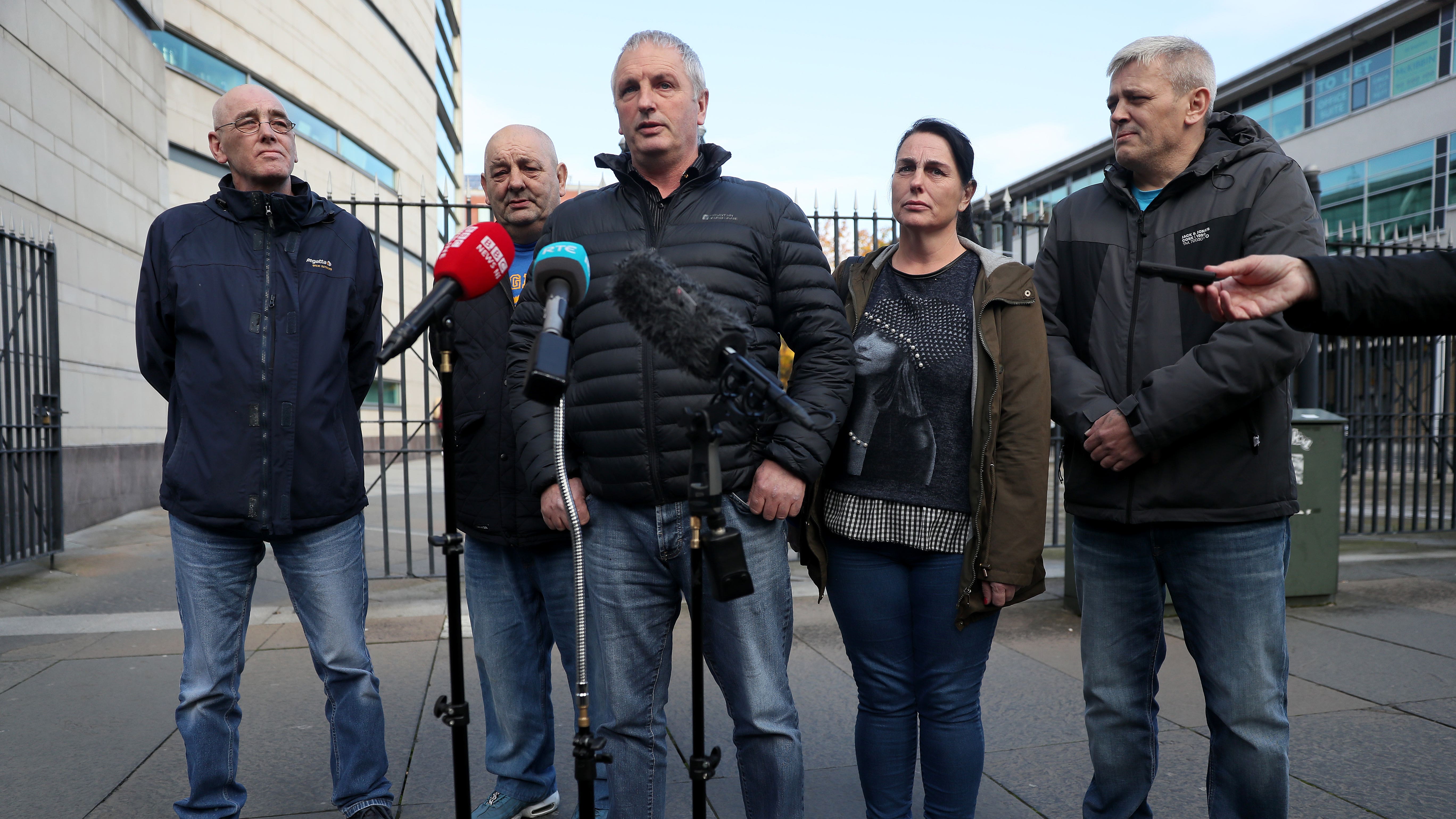 Jean McConville’s children speak to the media outside Belfast Crown Court