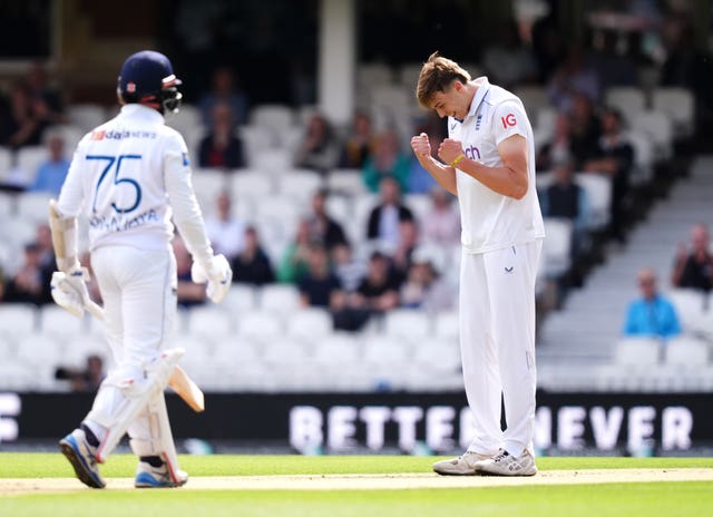 Josh Hull celebrates the wicket of Sri Lanka captain Dhananjaya de Silva on Test debut.