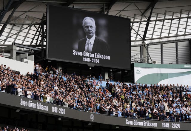 A message on the big screen in memory of former England and Manchester City manager Sven-Goran Eriksson ahead of the Premier League match at Etihad Stadium, Manchester.