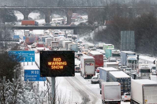 The scene on the M80 Haggs in Glasgow, as the highest level of weather warning has been issued (Andrew Milligan/PA)