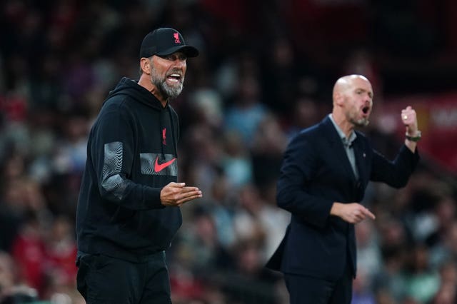 Liverpool manager Jurgen Klopp, left, and Manchester United manager Erik ten Hag on the touchline during the Premier League match at Old Trafford last season