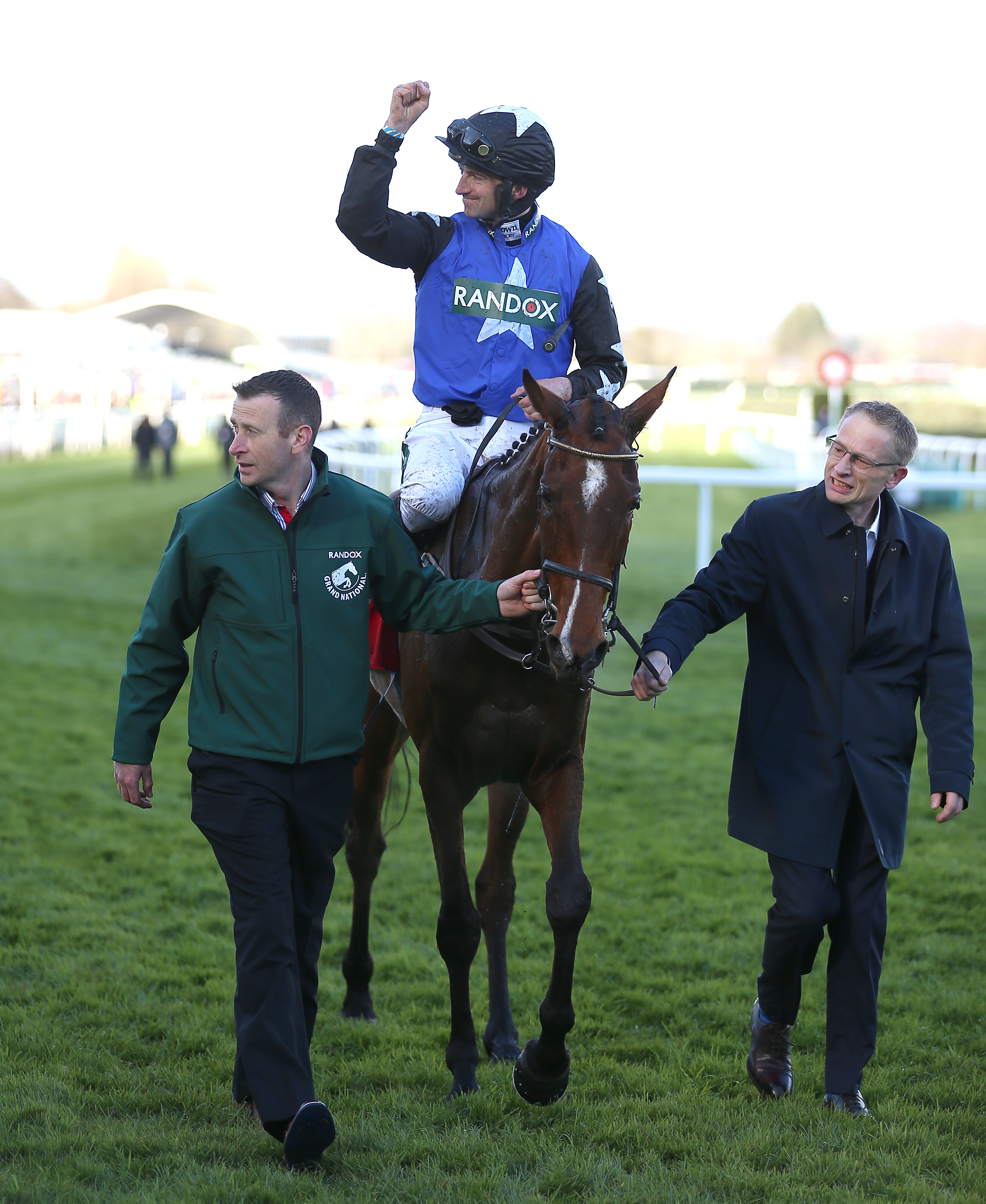 Ashroe Diamond ridden by Patrick Mullins celebrates winning the Goffs UK Nickel Coin Mares’ Standard Open National Hunt at Aintree Racecourse