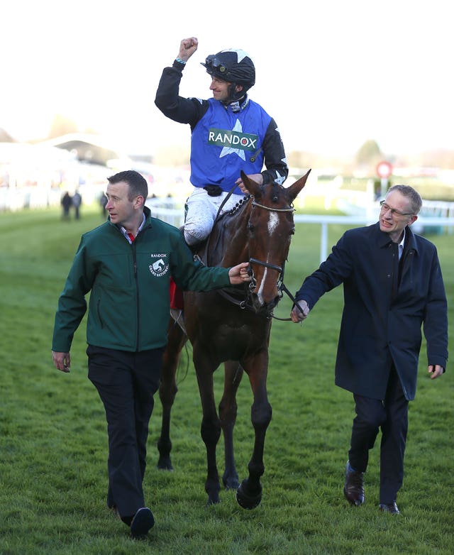 Ashroe Diamond ridden by Patrick Mullins celebrates winning the Goffs UK Nickel Coin Mares’ Standard Open National Hunt at Aintree Racecourse 