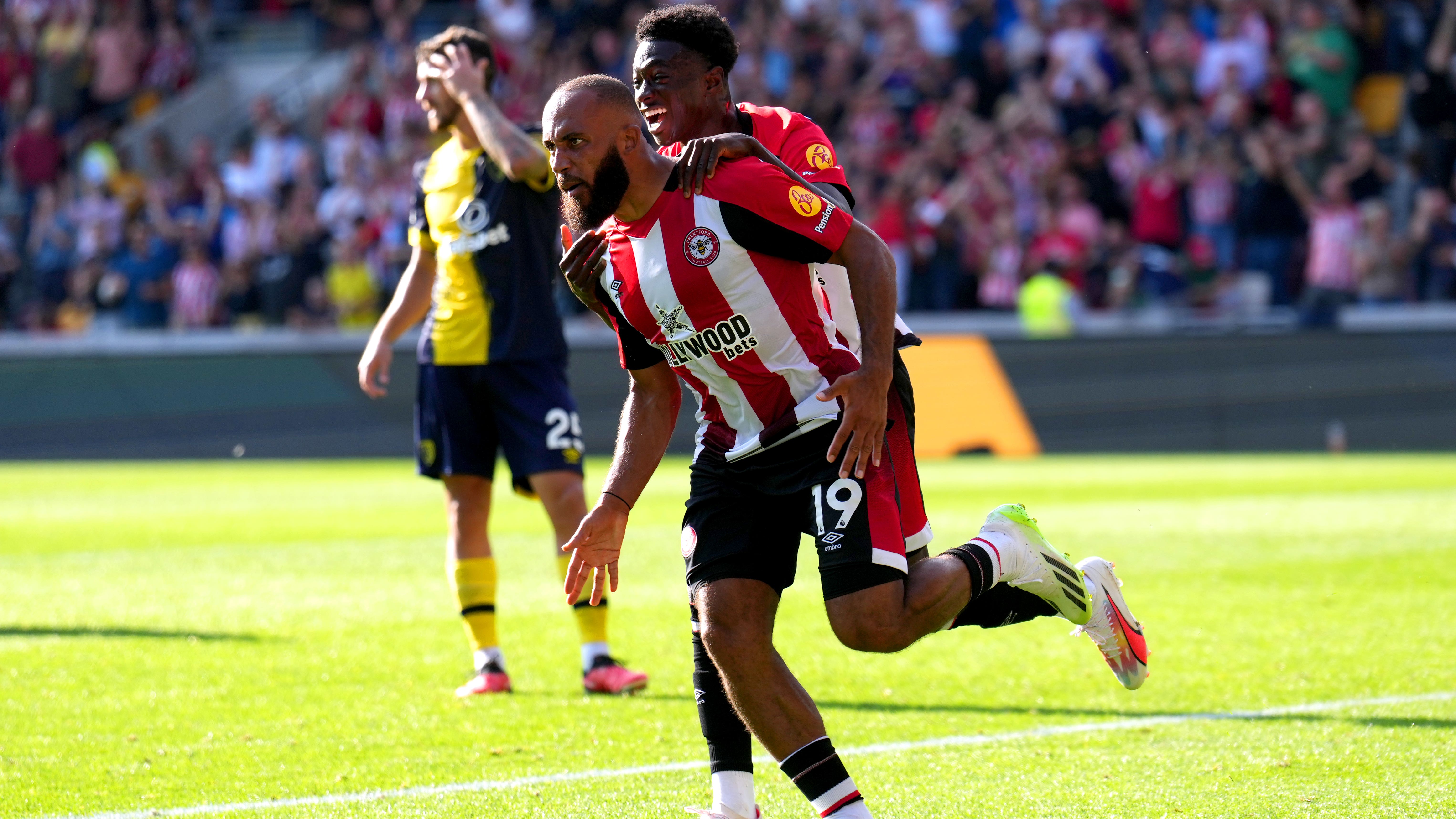 Brentford’s Bryan Mbeumo, nearest camera, celebrates the late equaliser (John Walton/PA)