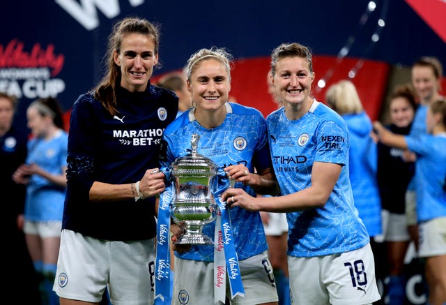 Ellen White, right, after winning the 2020 FA Cup final