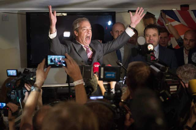 Nigel Farage celebrates after the referendum vote to leave the EU 