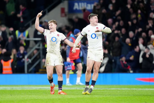 England’s Fin Smith (left) and Tommy Freeman celebrate after the Guinness Men’s Six Nations match at Allianz Stadium, Twickenham. 