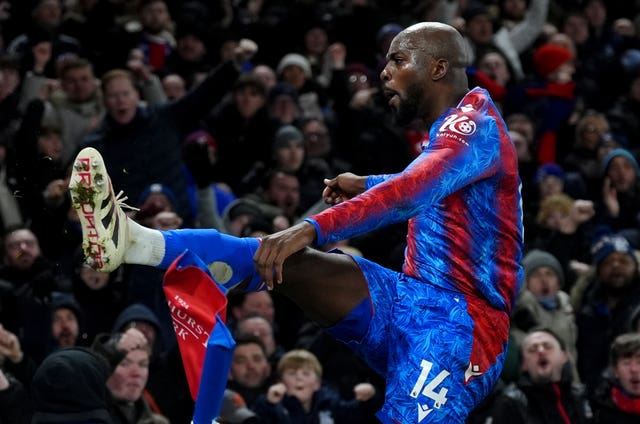 Crystal Palace’s Jean-Philippe Mateta celebrates scoring their side’s first goal of the game during the Premier League match at Selhurst Park, London. 